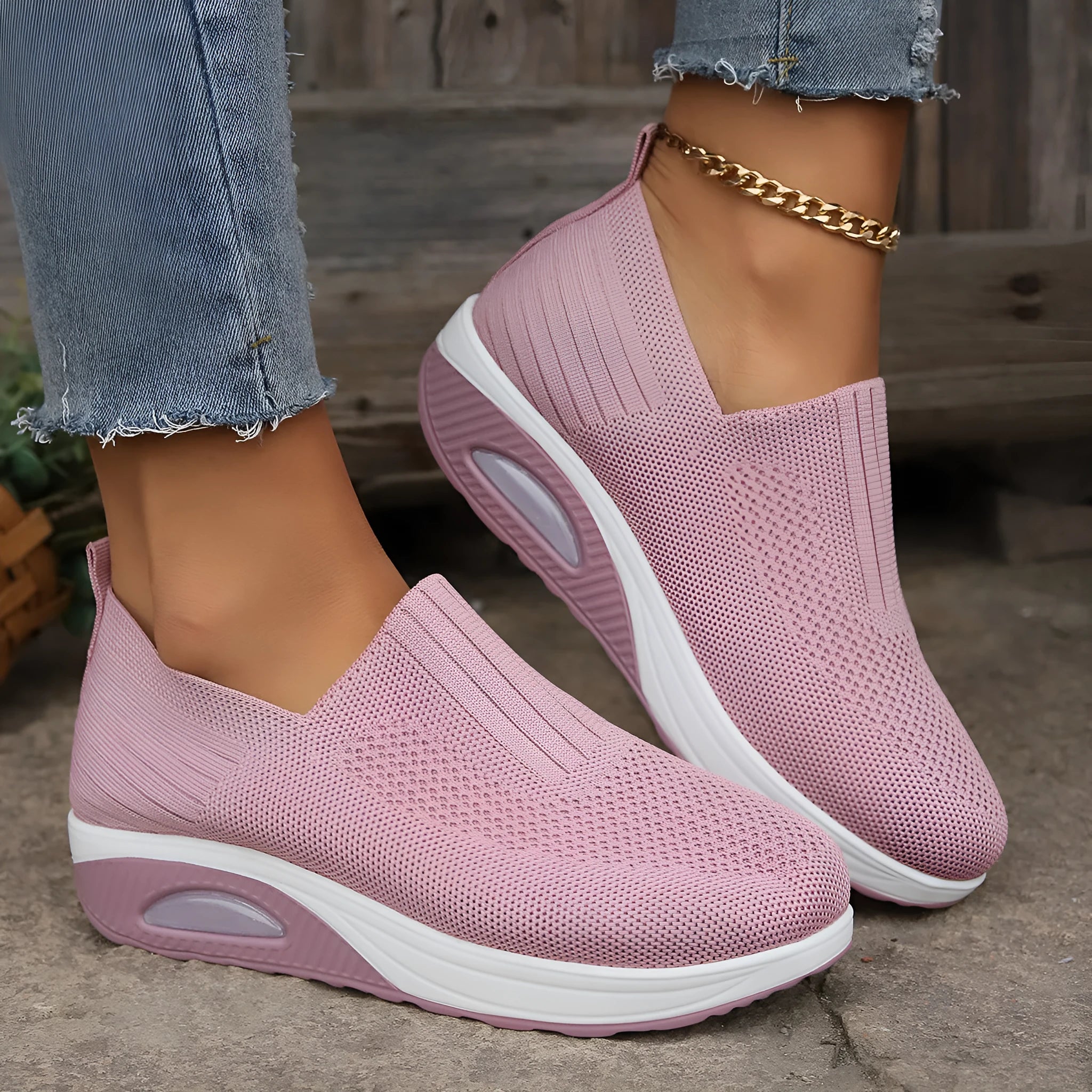 Slip-on casual women's shoes in beige with knitted upper, low top wedge heel, and round toe