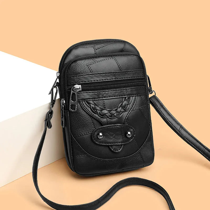 Soft PU leather retro mobile phone bag with weaving, rivets, and splicing in brown, black, pink, or water blue