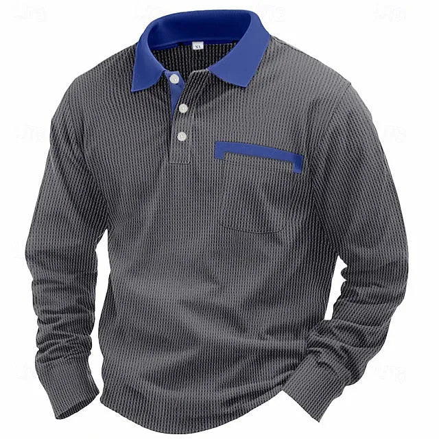 Men's long sleeve waffle texture polo shirt in loose fit with asymmetric design