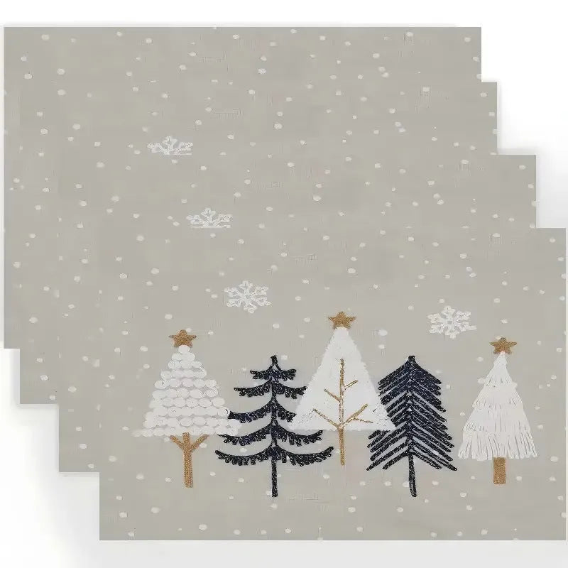Christmas linen placemat with tree print in square shape 30x45cm on dining table