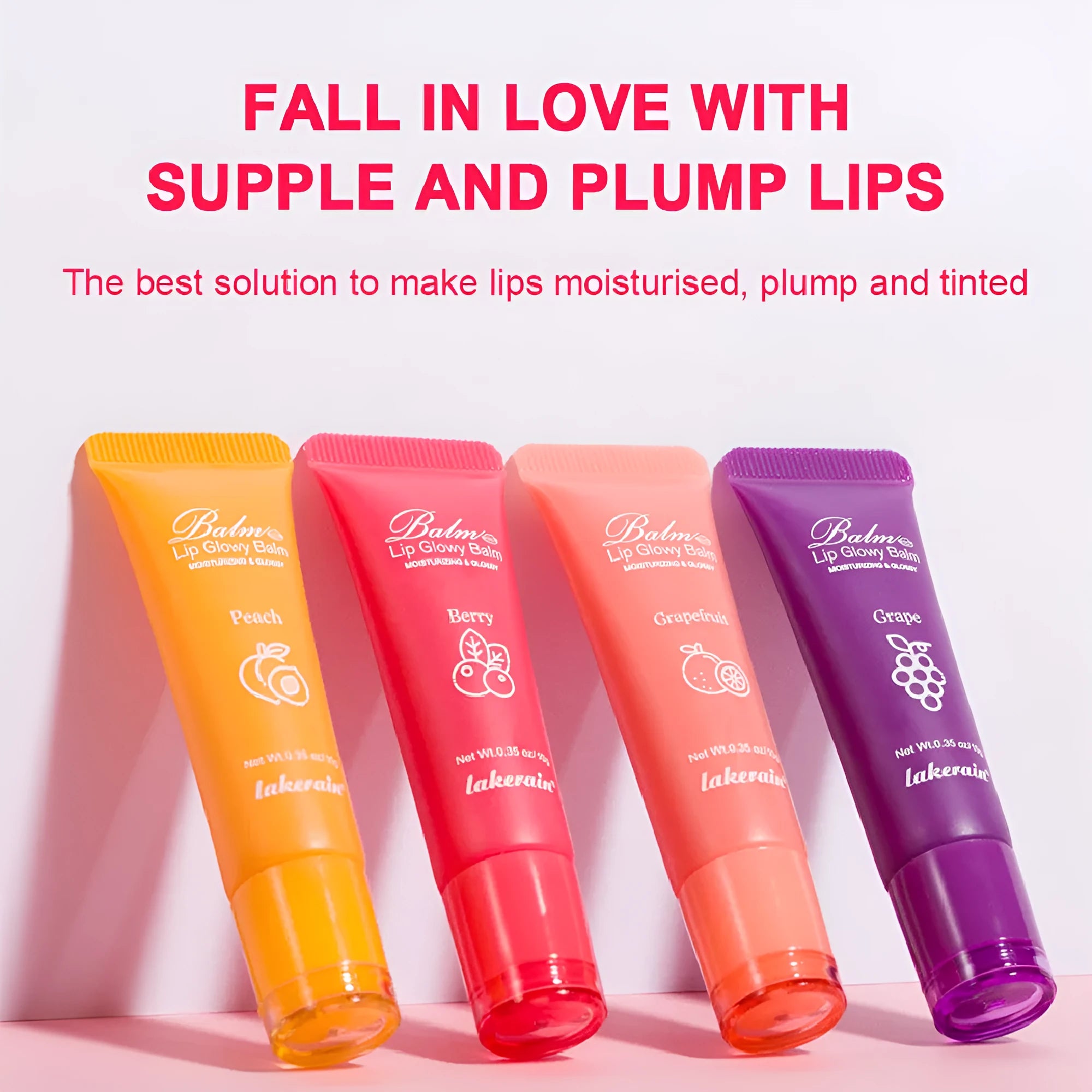 Women's flavoured lip gloss stick in berry, grape, grapefruit, and yellow peach colour options.