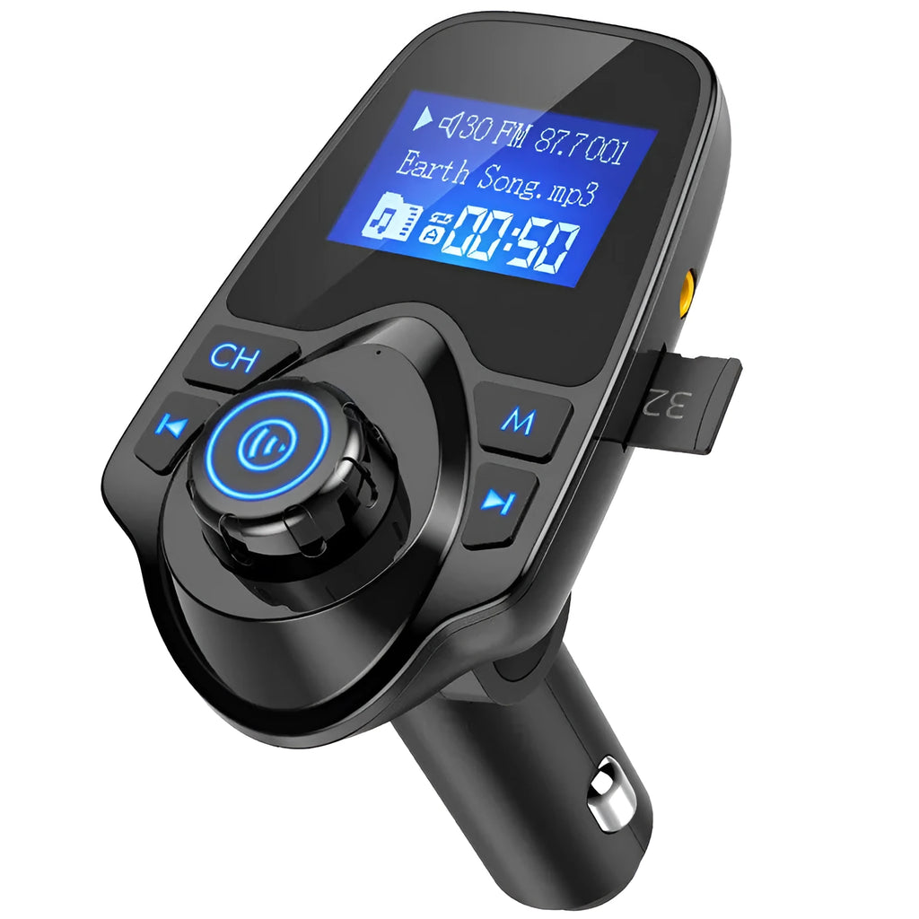 Car FM transmitter with 1.3-inch monochrome screen, AUX interface, ABS body, and 12-24V power supply