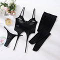 Women's black mesh one-piece underwear with steel rings and matching stockings