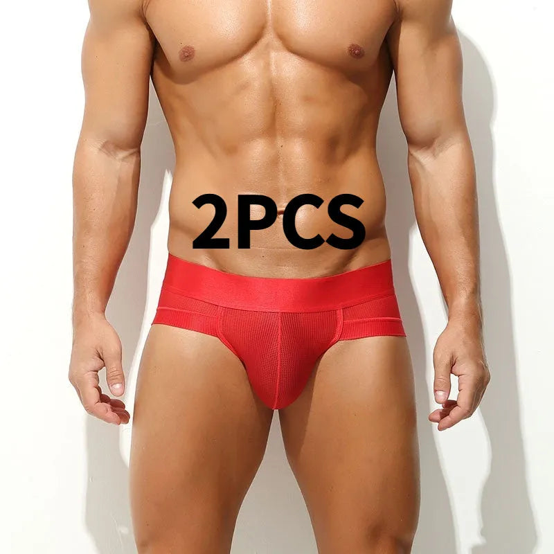Men's ice silk mesh briefs in solid colour, low-rise cut, breathable nylon fabric