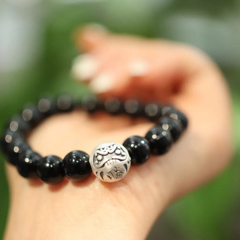Natural black agate bracelet with 10mm stone set in Chinese style 999 sterling silver setting