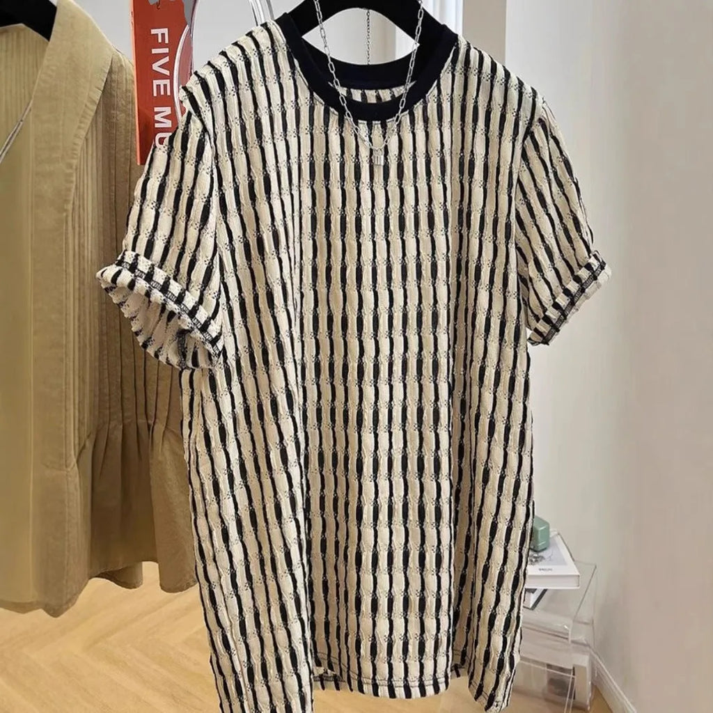 Men's black striped linen shirt with loose fit and short sleeves