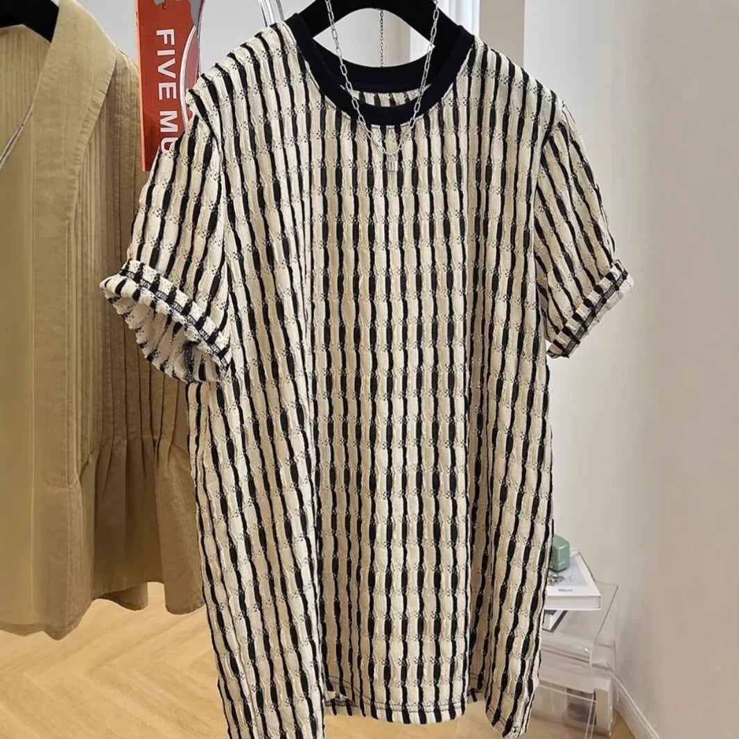 Men's black striped linen shirt with loose fit and short sleeves