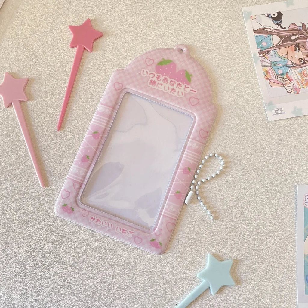 PVC meal card holder with strawberry design measuring 7.6cm by 13.6cm