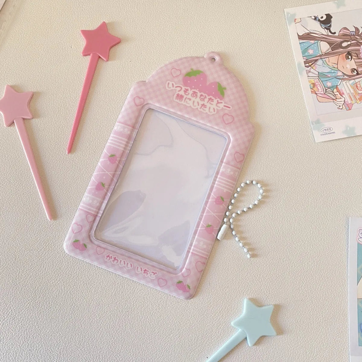 PVC meal card holder with strawberry design measuring 7.6cm by 13.6cm