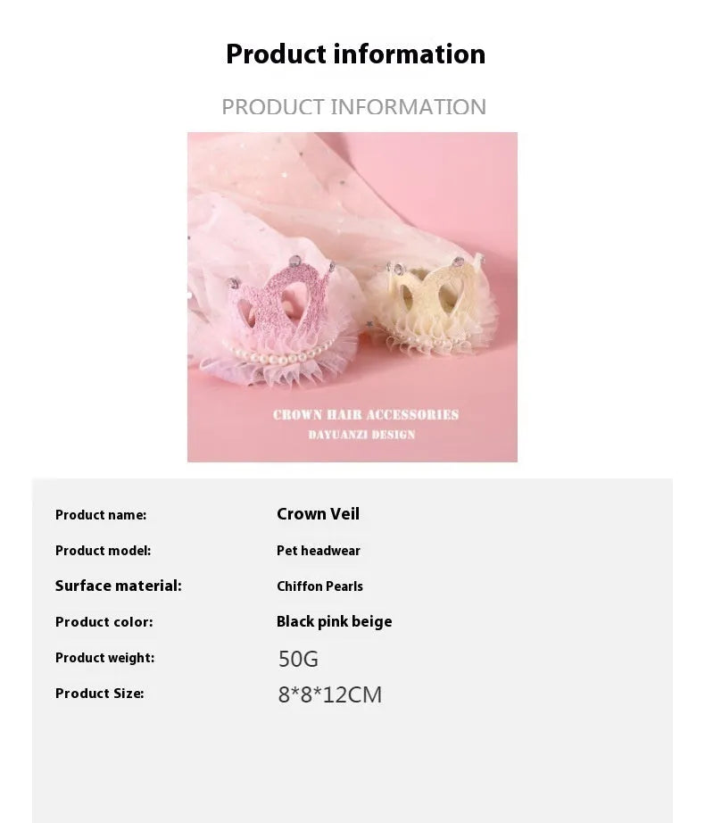 Princess crown headdress for cats with beige or pink veil options