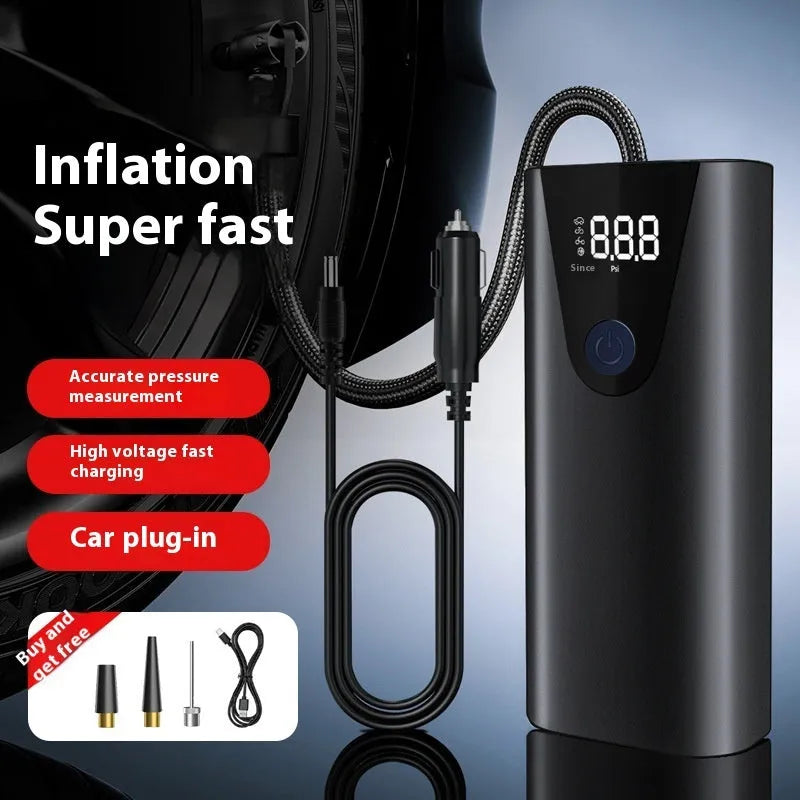 Car inflator with digital display and tyre pressure gauge on white background