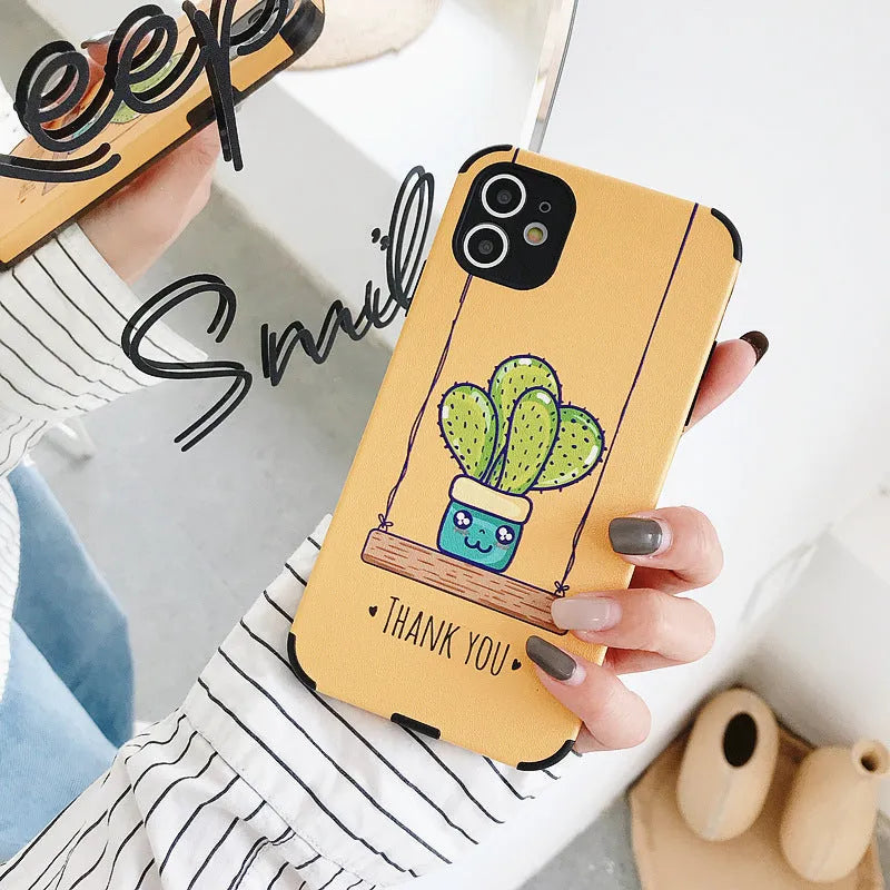 Cactus embossed iPhone case in TPU and leather, back cover in blue or khaki for iPhone 6 to 11 Pro Max.
