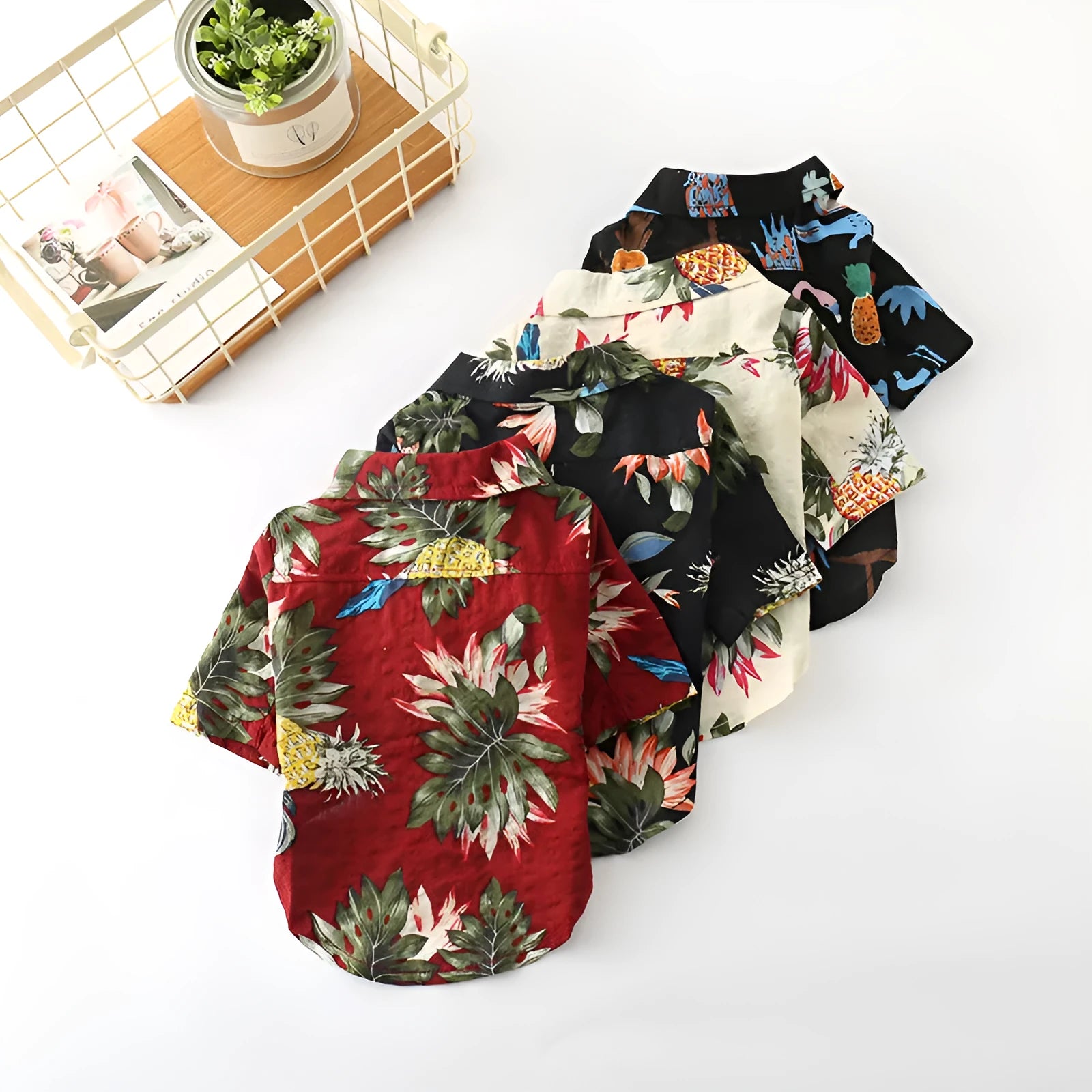 Dog clothes fashion shirt in cotton for small to large breeds available in wine red pineapple black pineapple black crocodile white pineapple white crocodile and black white crocodile patterns with size chart XS to XXL and FB by collar bust back length
