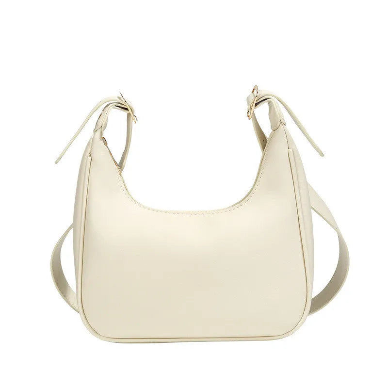 Simple all-match crescent PU crossbody bag in black with single shoulder strap and open outer pocket for women