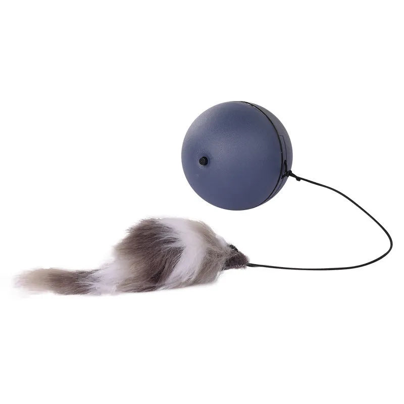 Blue and orange interactive cat toy ball with plush mouse attachment measuring 8.5*8.5*9 cm