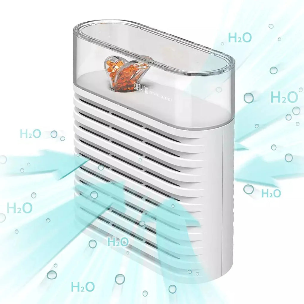 White recyclable cabinet dehumidifier box with transparent lid showing colour-changing silica gel beads.