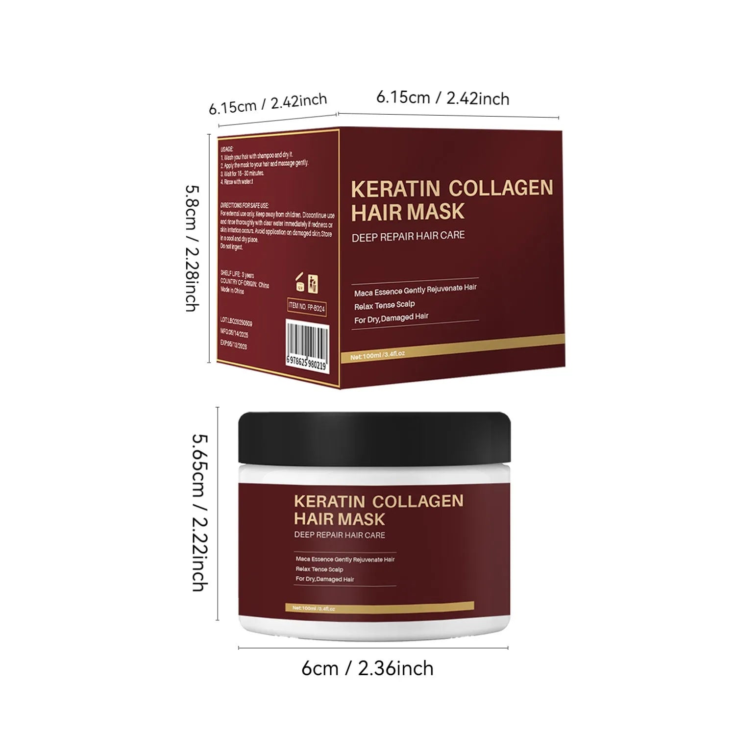 100ml collagen hair mask in professional-style packaging for moisturising and repairing dry hair