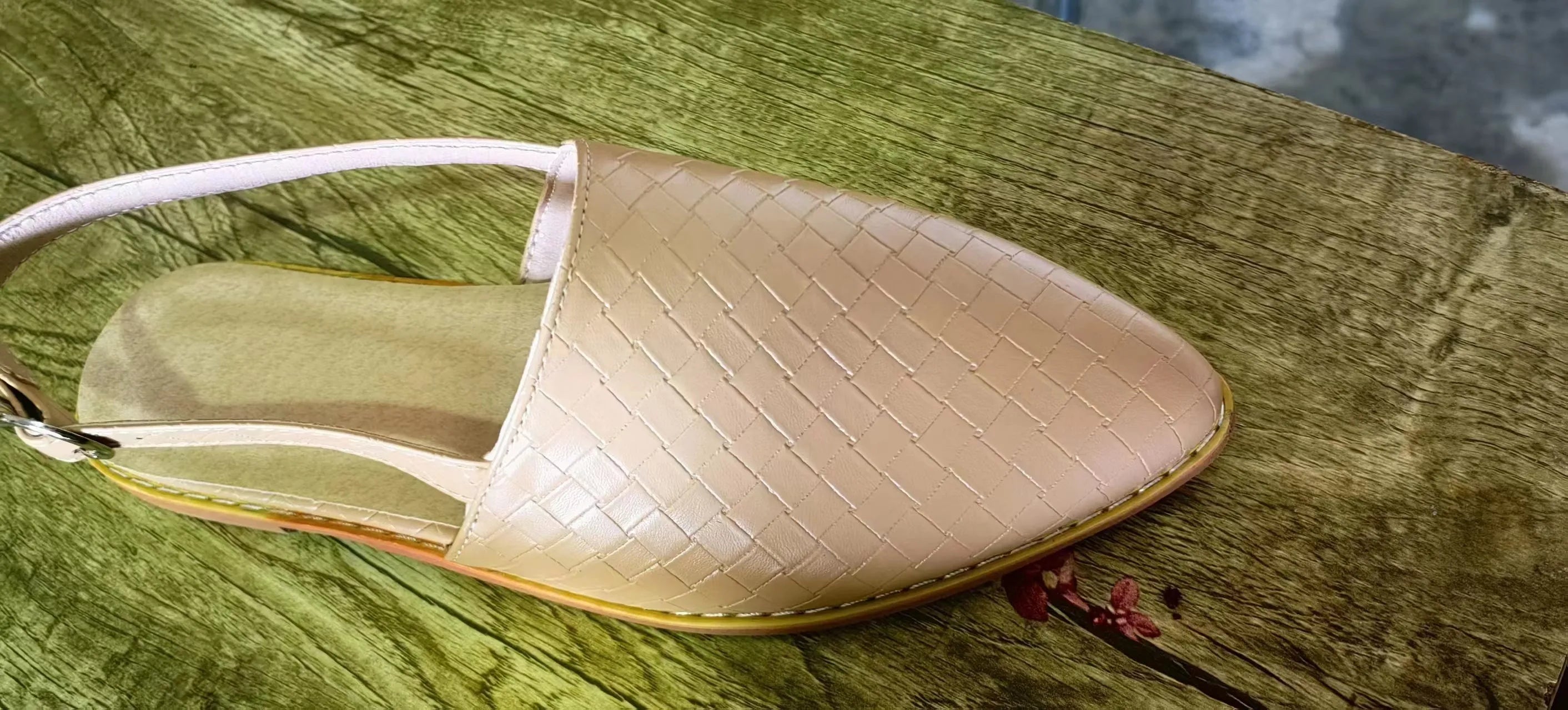 Women's flat sandals with a buckle strap and pointed toe in multiple colour options on a white background.