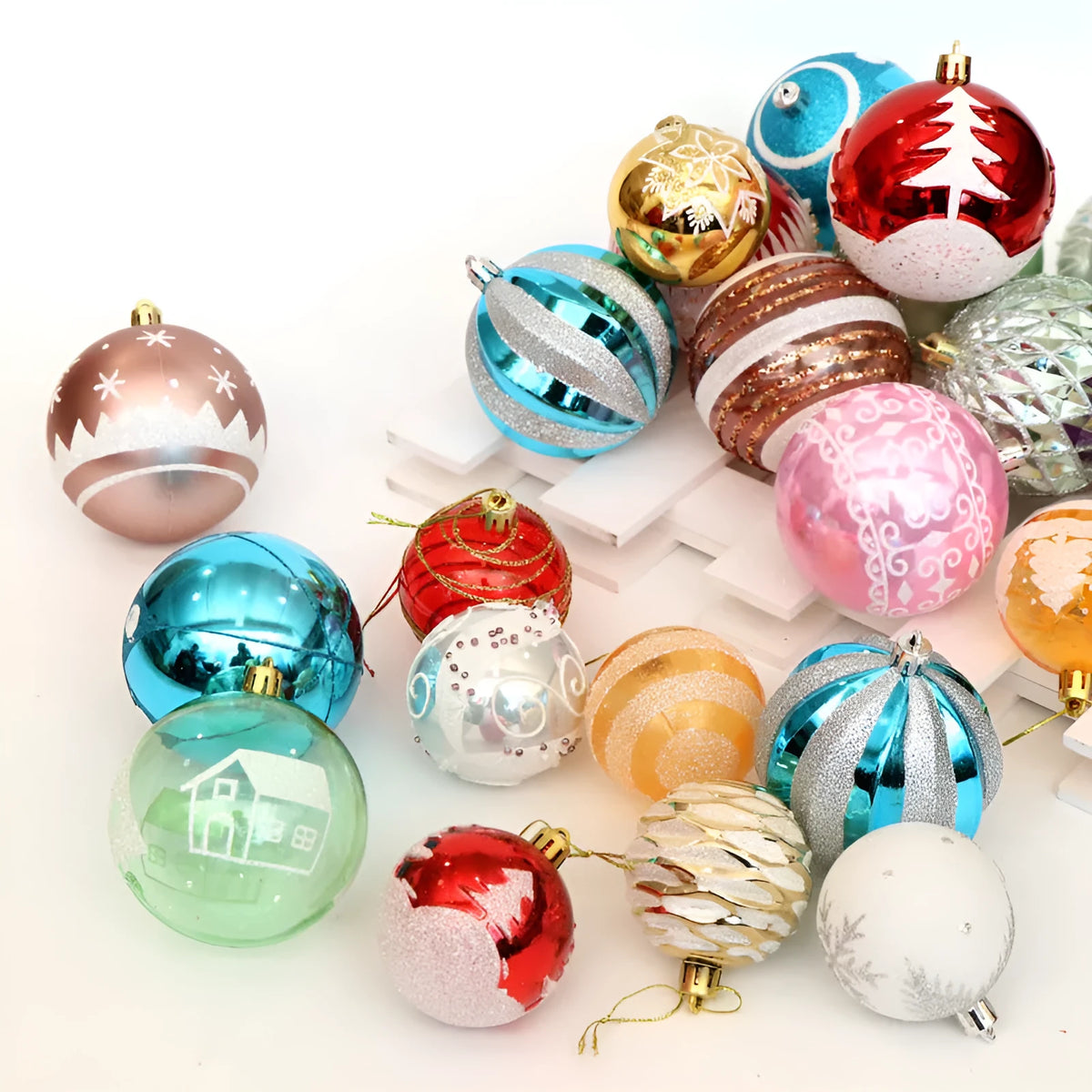 6cm PVC Christmas ball with hand painted and plated finish, boxed tree decoration in listed colourways