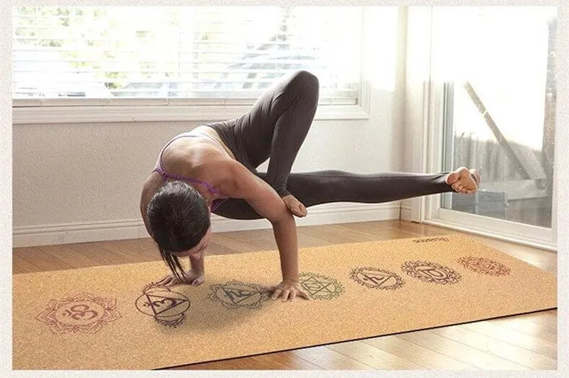 7 Chakra cork yoga mat, 183x68cm, with cork top and TPE or rubber base, rolled out on floor