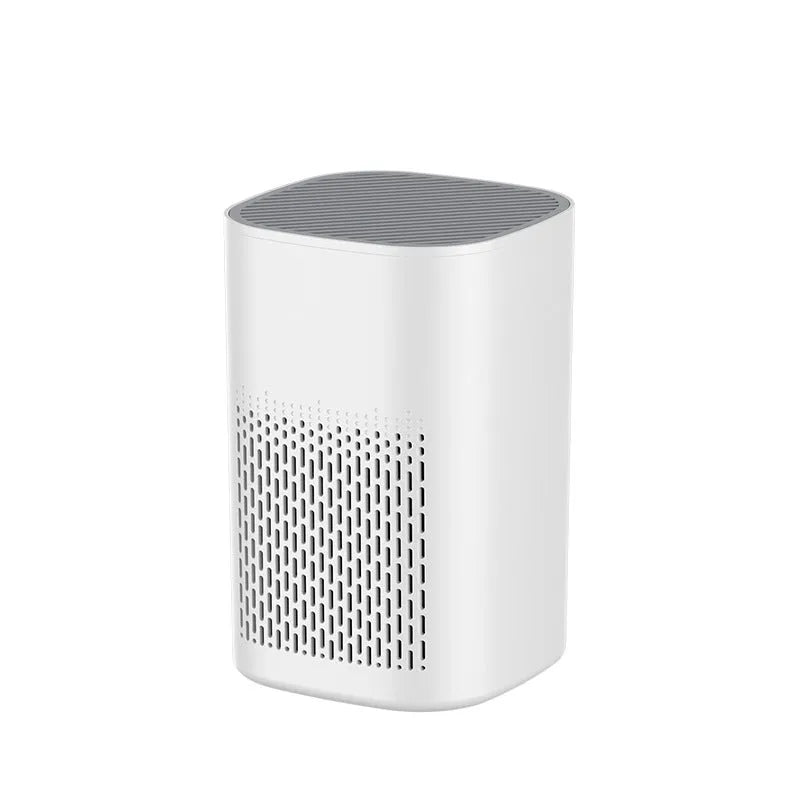 Simple-style desktop air purifier with USB cable and panel heating on a wooden desk.