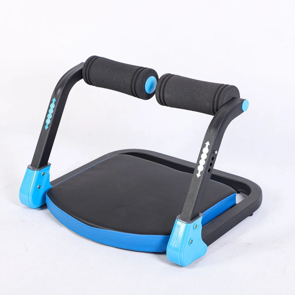 Sky blue and red coloured mini multifunctional abdominal exercise device for home, office, and outdoor use.