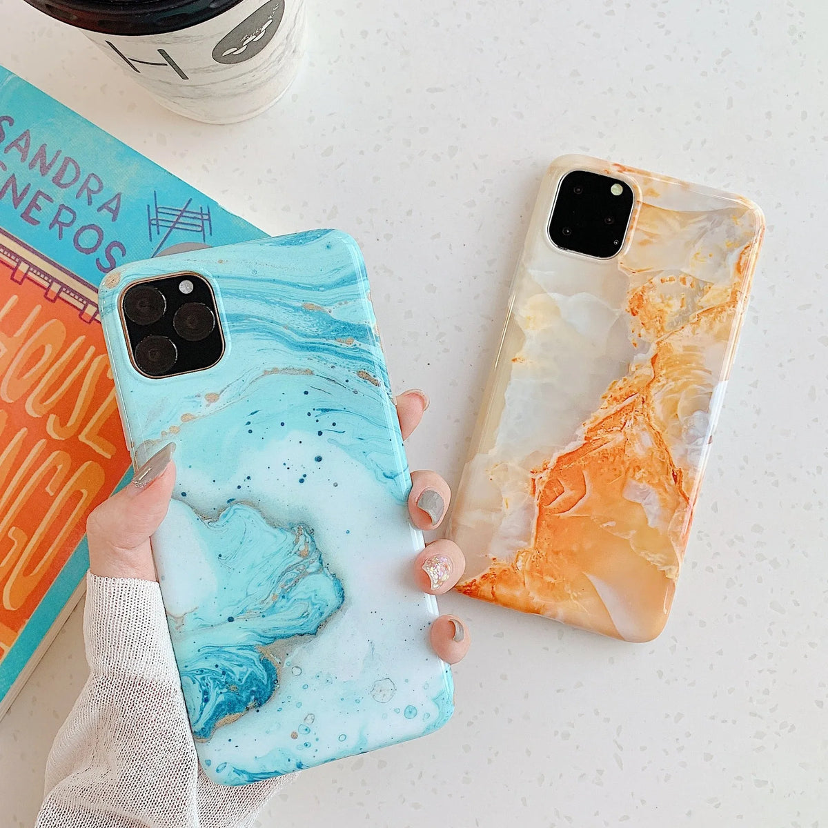Frosty marble silicone phone case for iPhone with geometric pattern in jade green colour