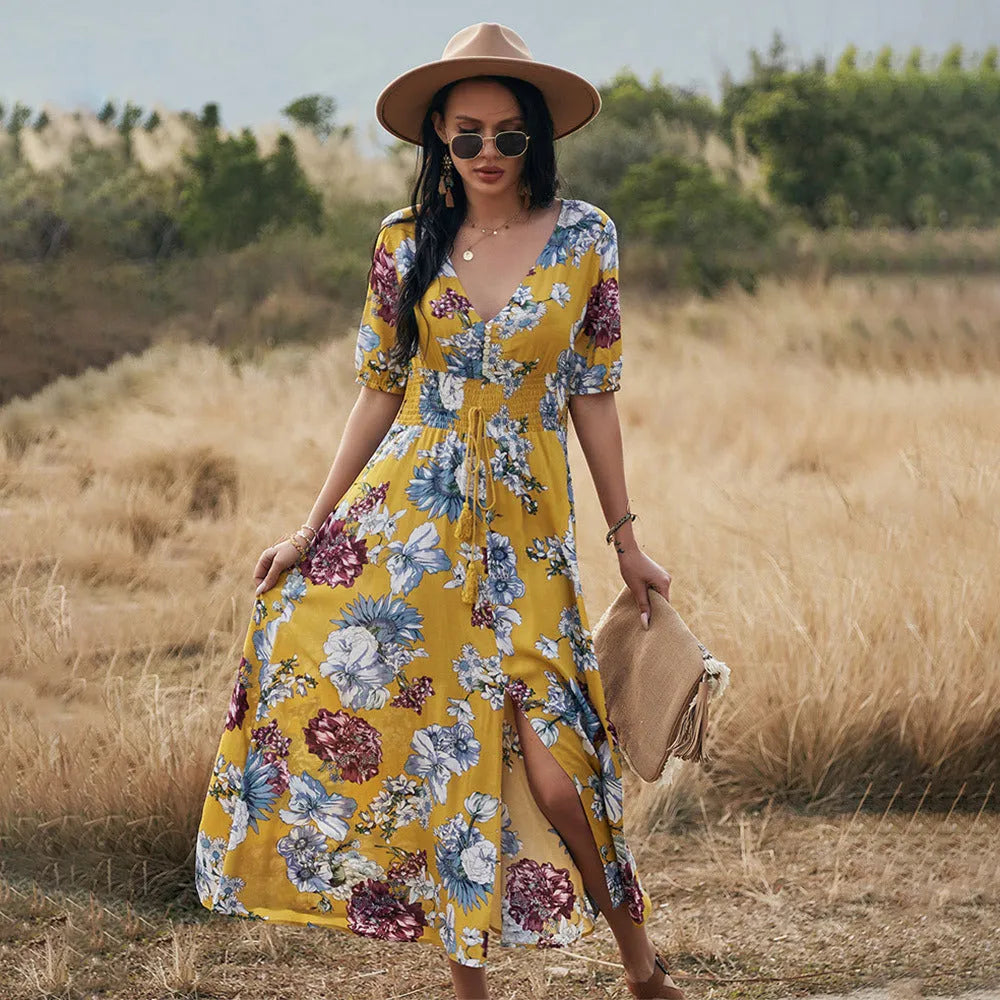 Floral print women's beach dress with V neck and elastic waist in blue colour