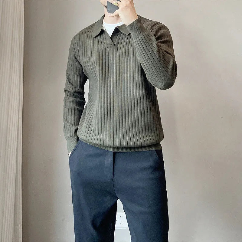Boys black knitted pullover sweater with lapel stripes and elastic loose fit