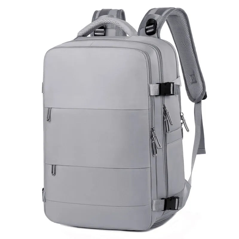 Large purple travel backpack with multiple compartments and an air pillow strap system, shown on a neutral background.