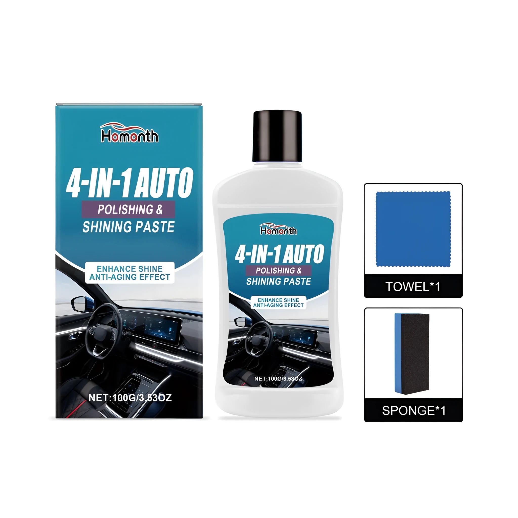 Automobile plastic care restorer cream 100ml pot with cloth and sponge on a black car dashboard