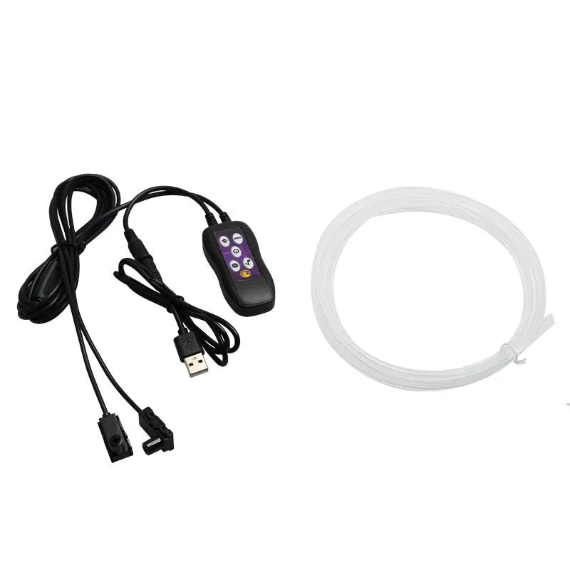 Car interior LED atmosphere lighting strip with colourful colour changing effects installed along dashboard
