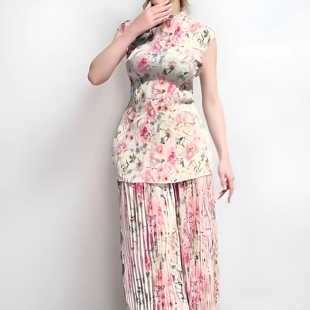 Women's long sleeve printed chiffon dress set with high-waist skirt on a mannequin