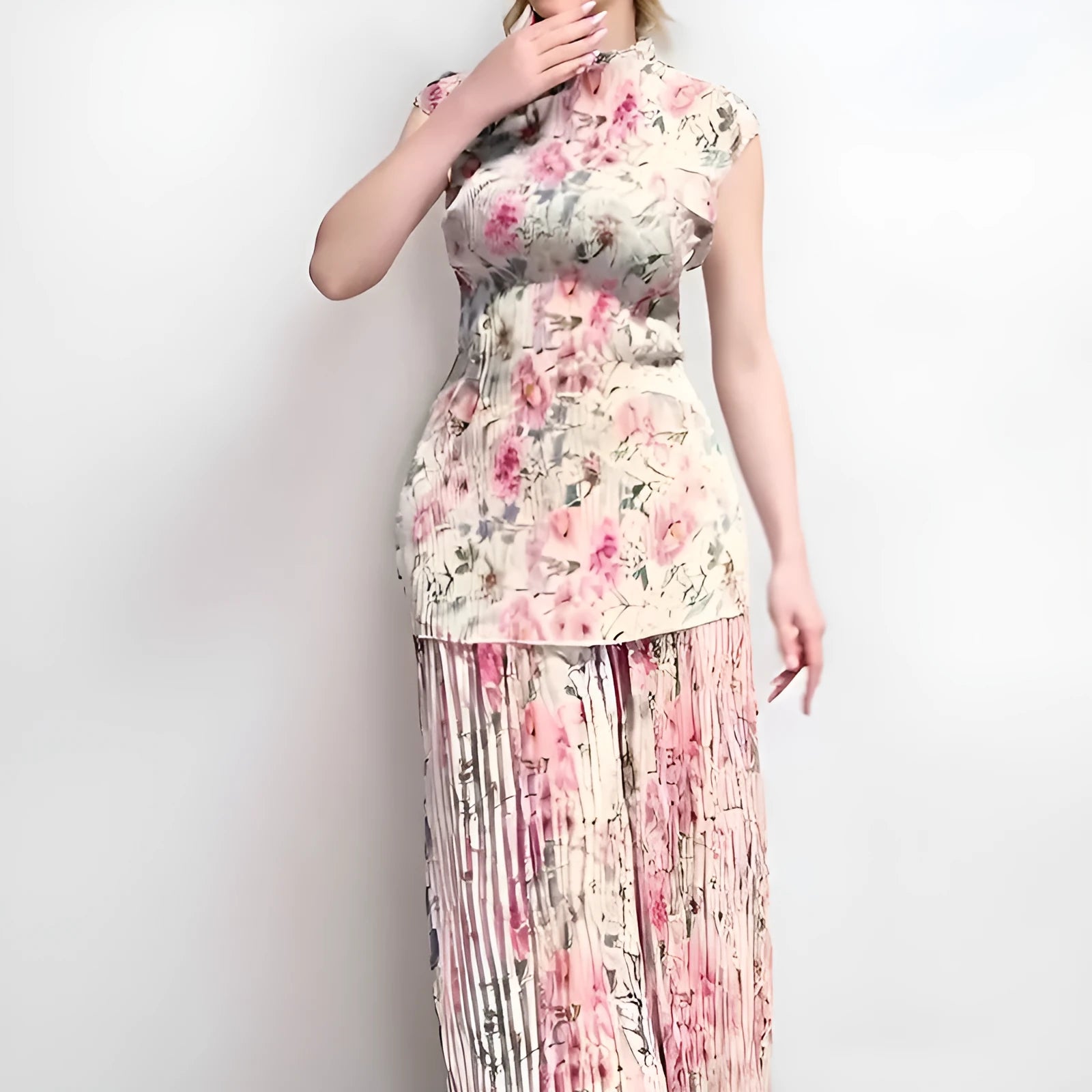 Women's long sleeve printed chiffon dress set with high-waist skirt on a mannequin
