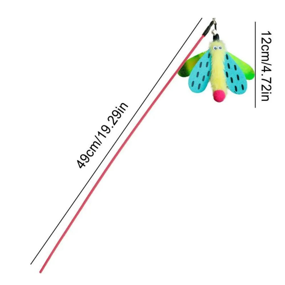 Blue cat wand toy with dragonfly attachment and bell on 49cm stick for interactive indoor cat play