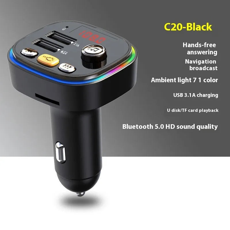 C20 car MP3 Bluetooth player FM transmitter with digital display and RGB light, black colour