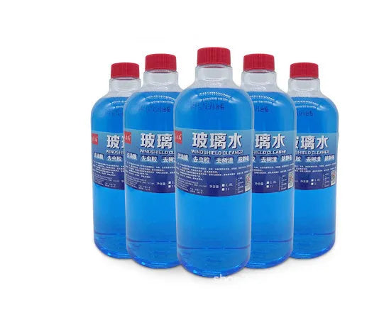 Blue windshield washer fluid in 1.8L bottle with car wiper application