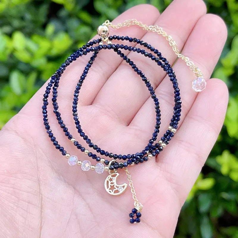 Blue sand stone three-ring women's bracelet set with gold-toned metal accents