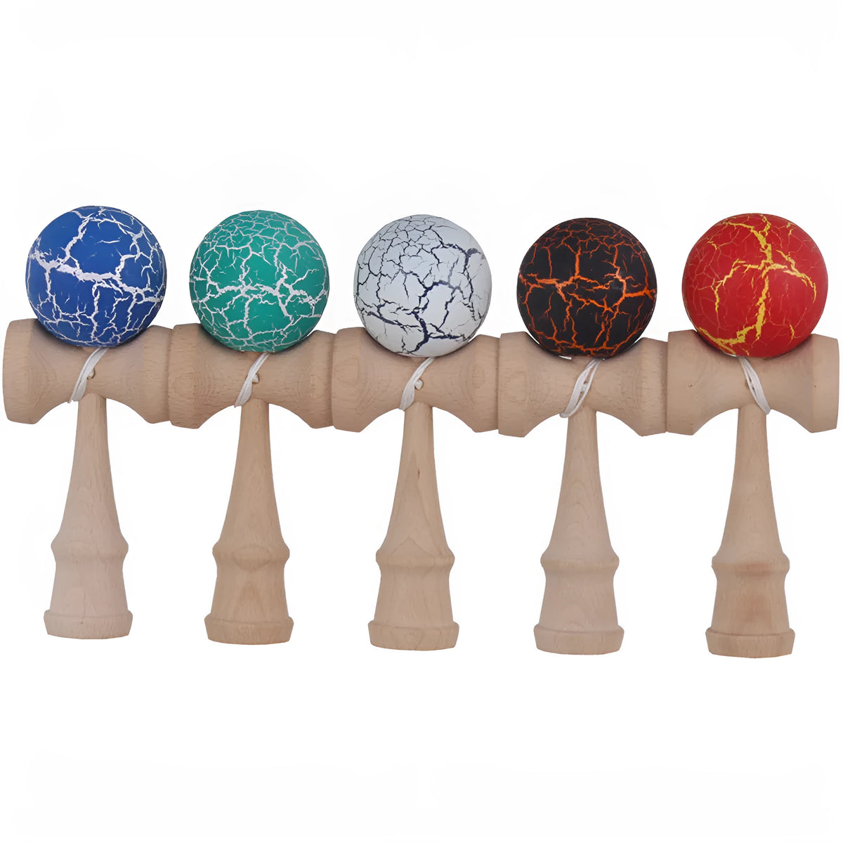 Bamboo kendama toy with crack pattern, 18.5cm wooden handle, 5.5cm ball, and seven colour options
