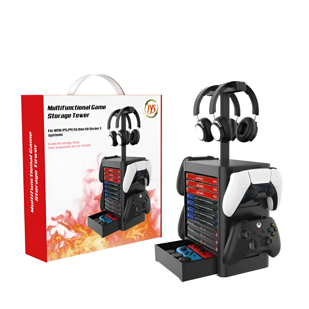 Black ABS game console storage rack holding headphones, controllers, and with an open accessory drawer.