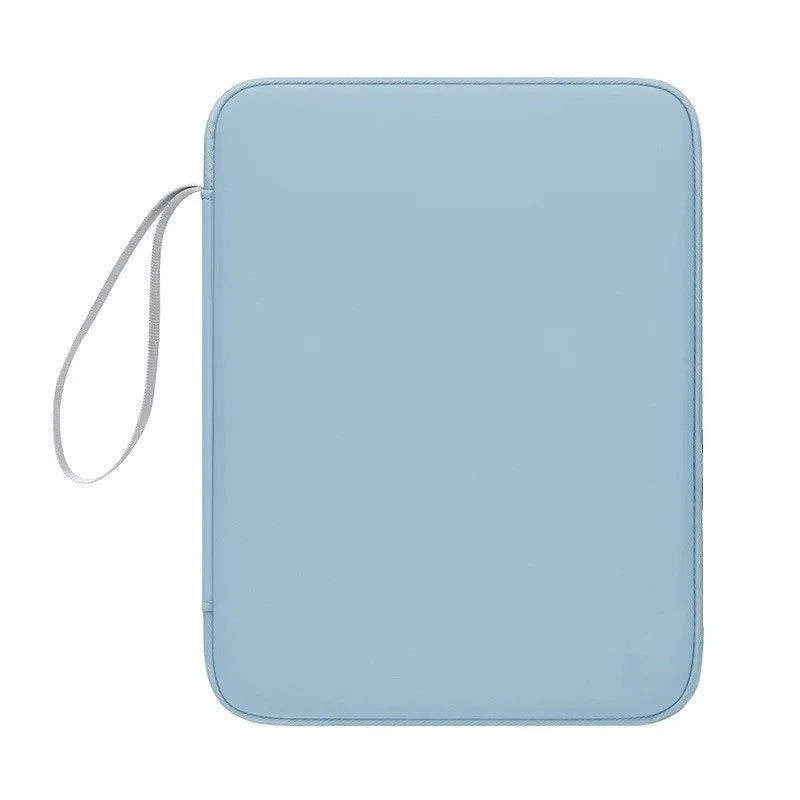 Imitation leather tablet protective case with a carry handle in light grey, shown next to a black variant.