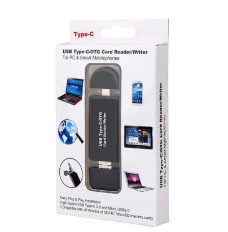 Black USB 3.0 card reader with USB-C connector for SD and TF memory cards