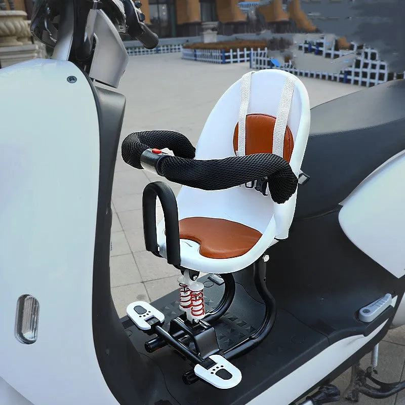 High carbon steel front seat bracket for child on battery scooter, shown in black, red, or white.