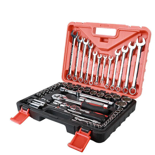 61-piece auto repair tool set with chrome vanadium steel sockets and wrenches for mechanical work