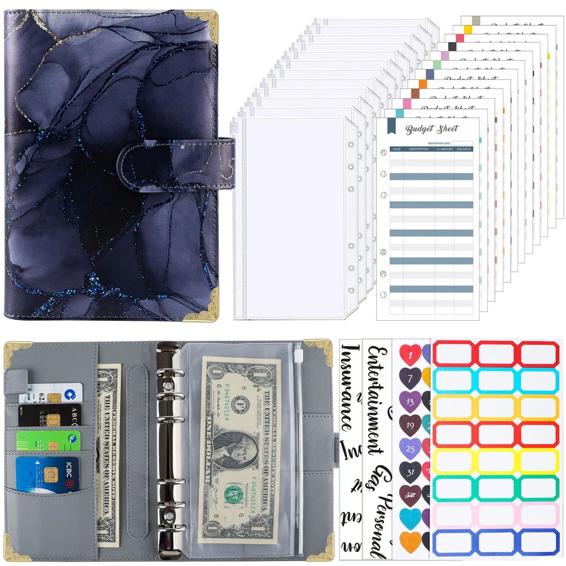 A6 loose-leaf budget notebook with UV blue gray printed cover, ring binder, and budget cards set