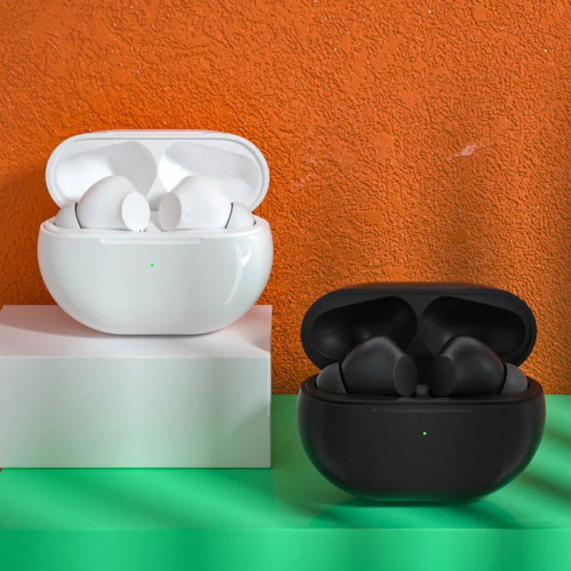 Black and white Pro4 wireless Bluetooth earbuds with a compact charging case on a white background.