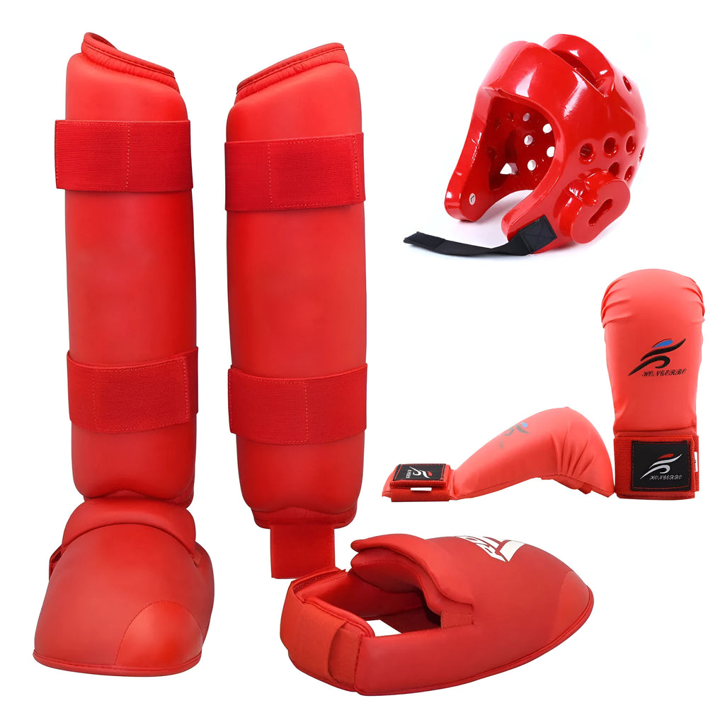 Red and blue karate protective gear set showing leg guards, helmet, and boxing gloves for martial arts training