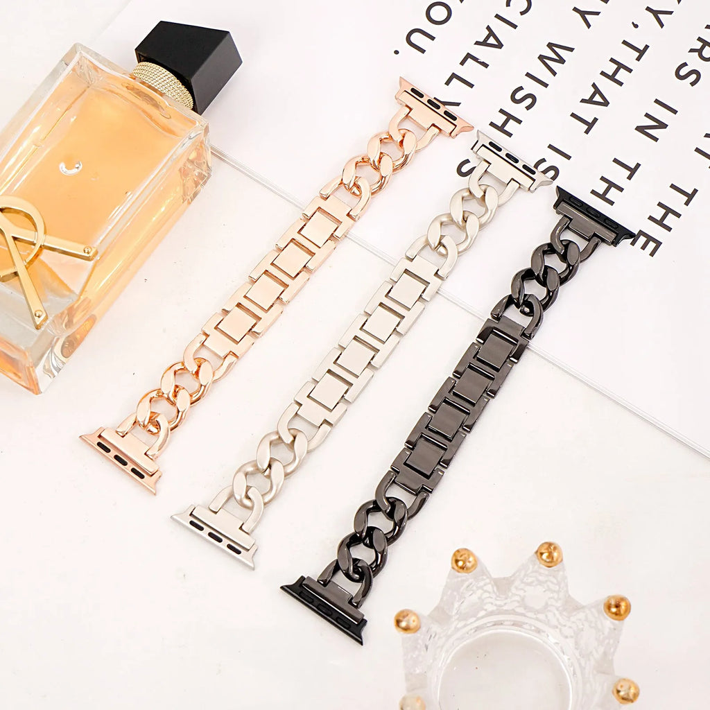 Denim textured metal chain watch strap for Apple Watch in silver, black, gold, rose gold, and starlight colours.