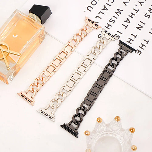 Silver denim chain link metal strap for Apple Watch with 22mm lug width on a 41mm case.