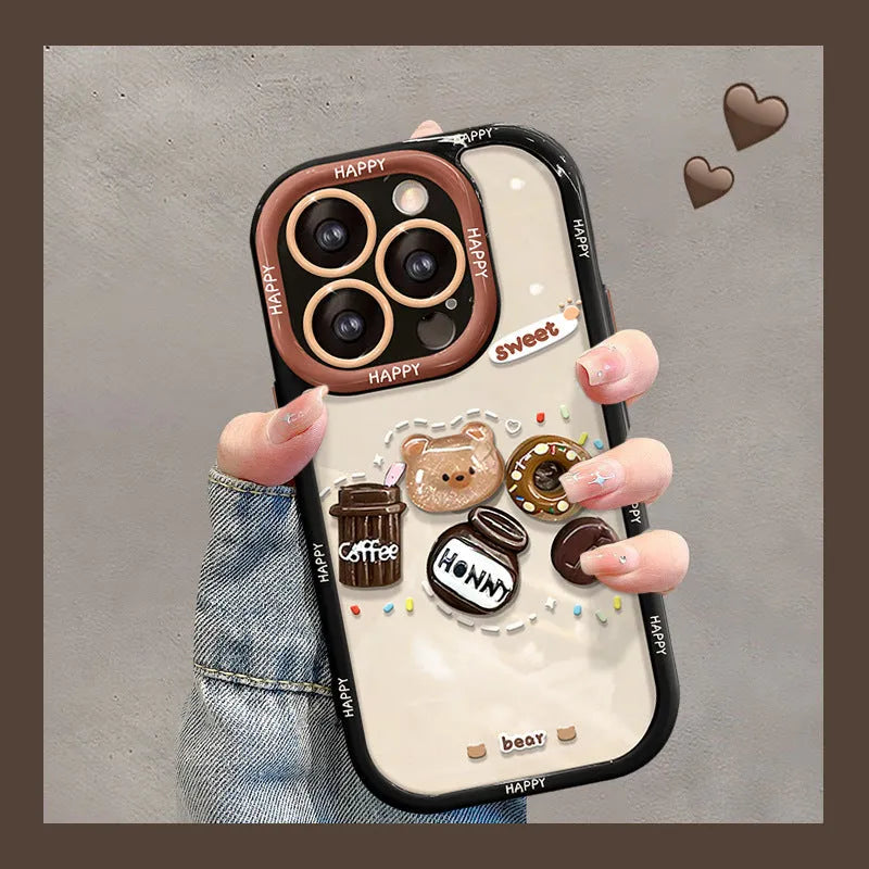 Coffee bear 3D doll pendant silicone phone case in cream black for Apple iPhone